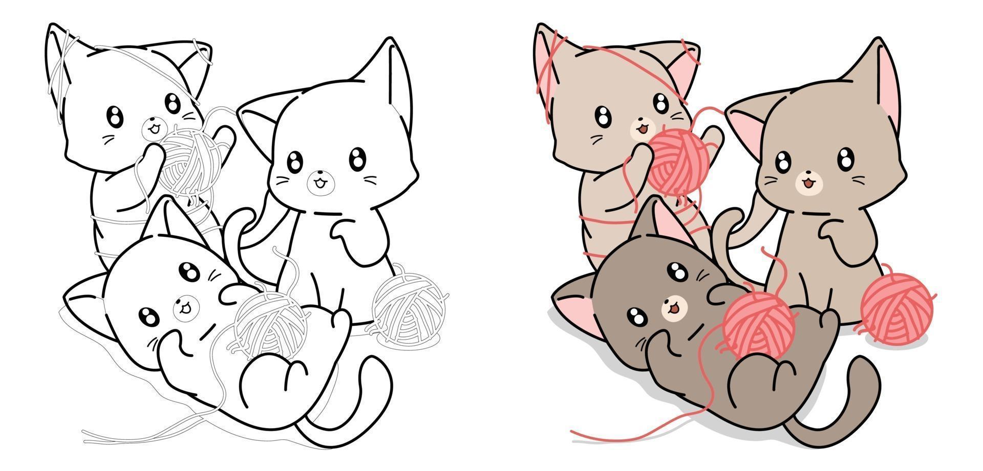 Página para colorear de dibujos animados de tres gatos traviesos para niños vector