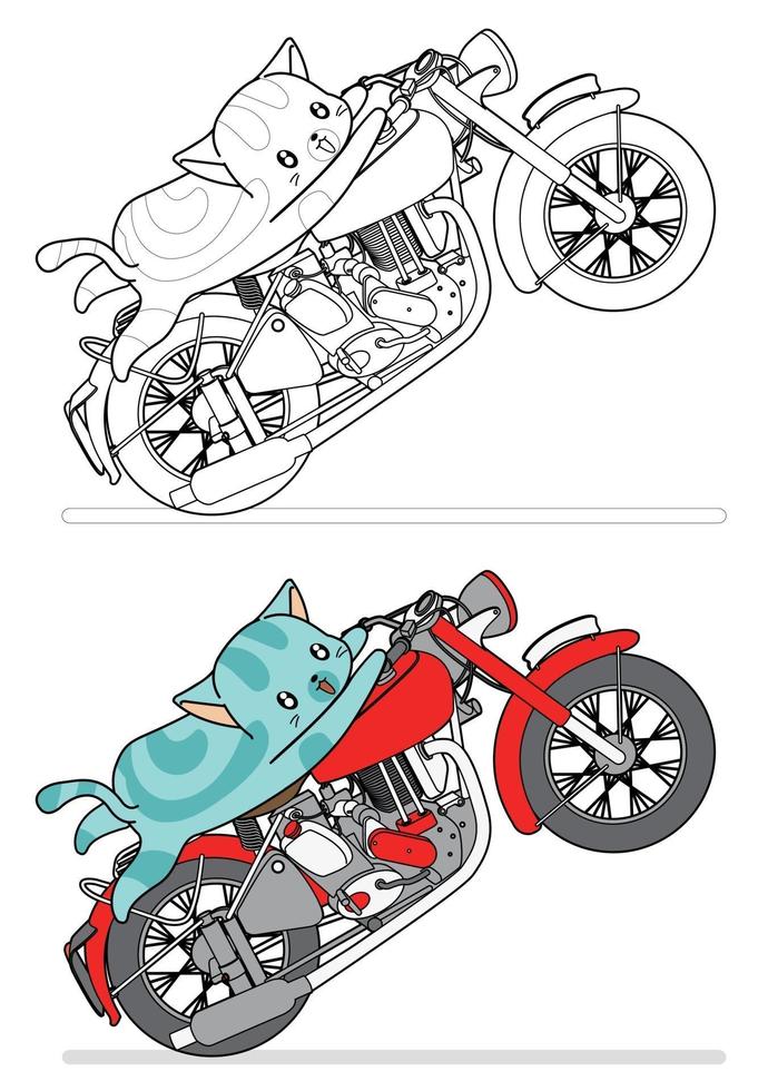 Cat is riding motorcycle cartoon easily coloring page for kids vector