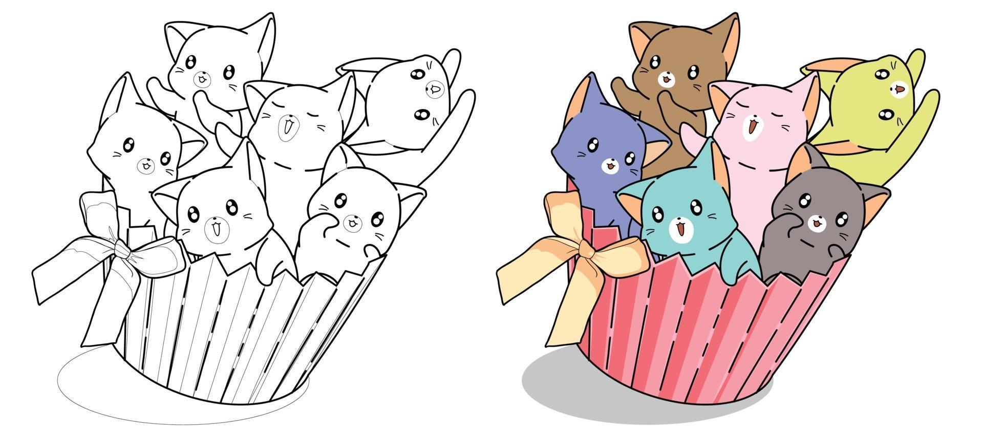 Naughty cats in cup cake with bow cartoon coloring page for kids vector