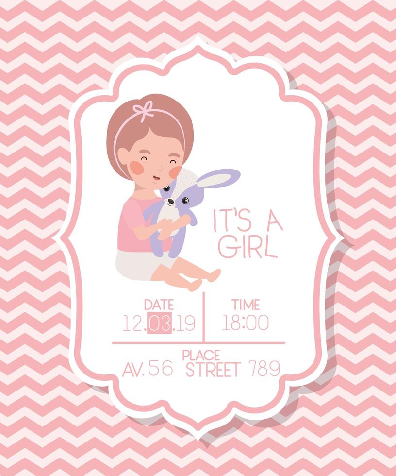 its a girl baby shower card with kid and rabbit toy vector