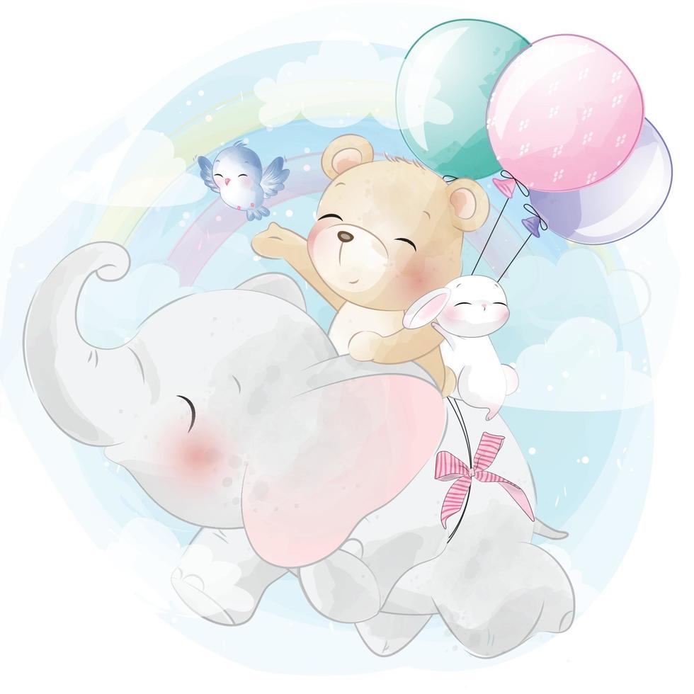 Cute elephant and friends illustration vector