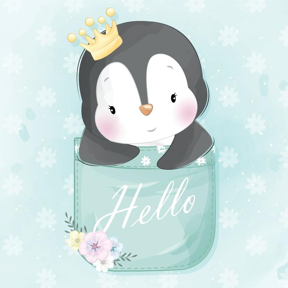 lindo pingüino sentado dentro de la ilustración del bolsillo vector