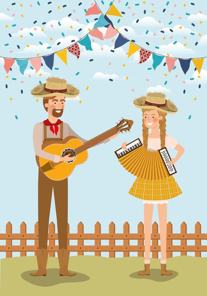 farmers couple celebrating with garlands and fence vector