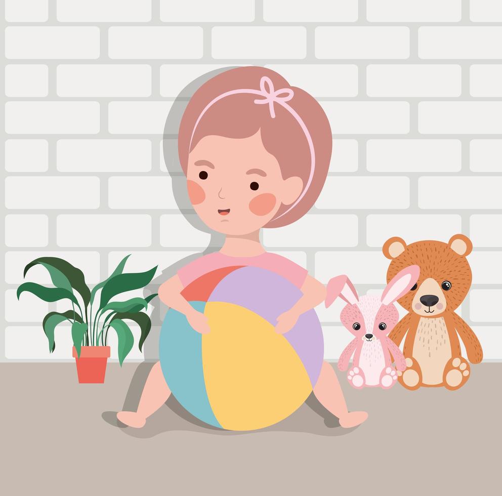 little baby girl with ball and stuffed toys vector