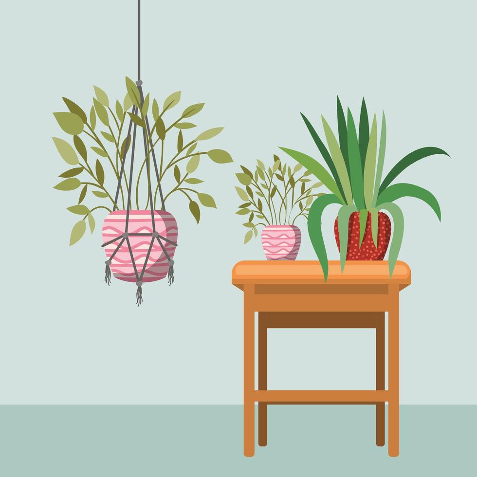 houseplant with macrame hanger and potted plants on a wooden table vector