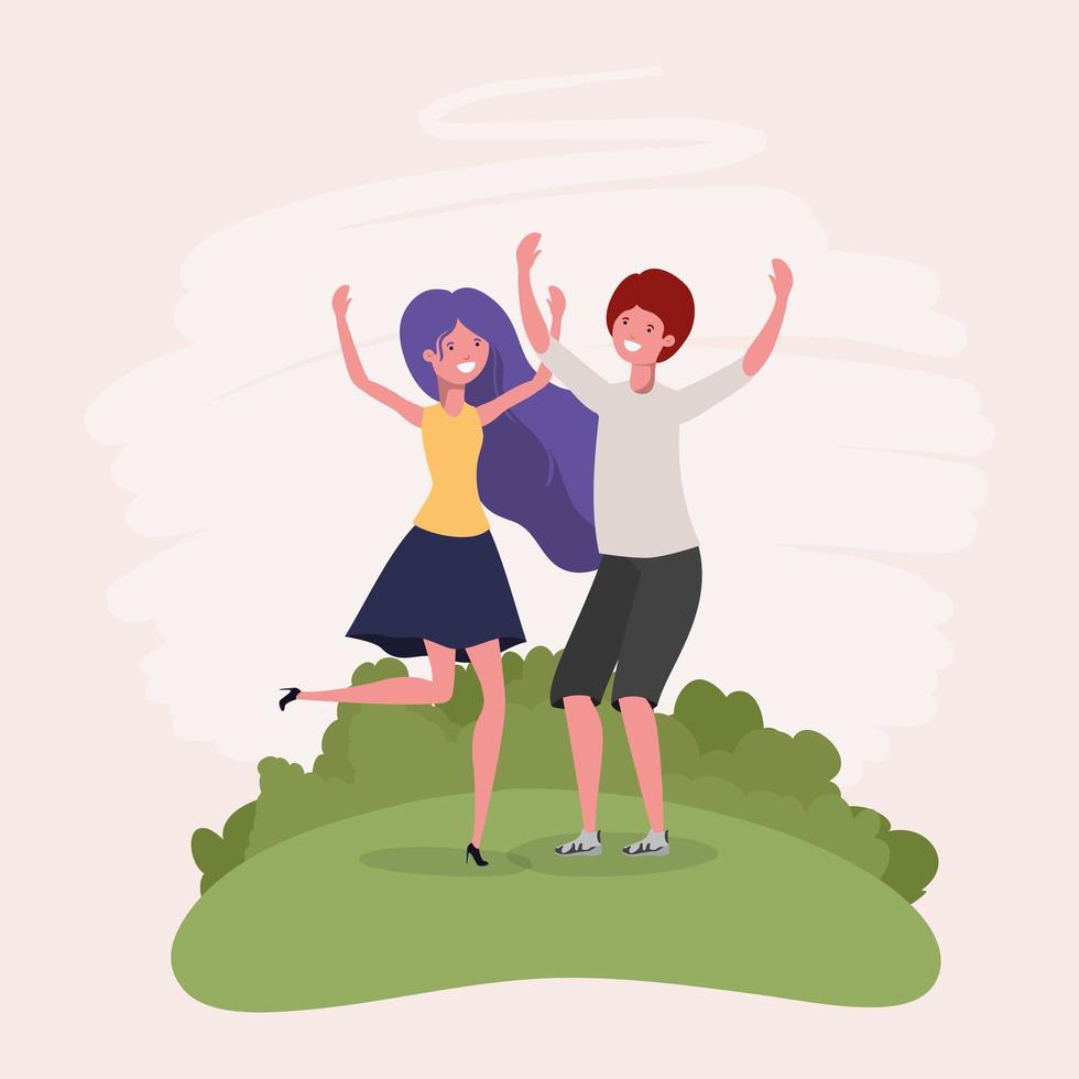 young couple jumping celebrating in the park characters vector