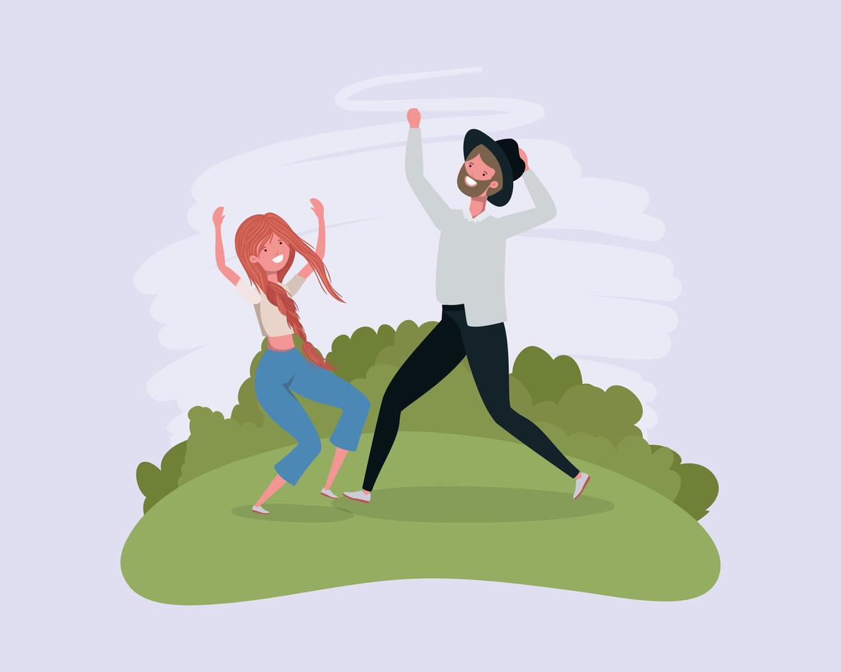 young couple jumping celebrating in the park characters vector