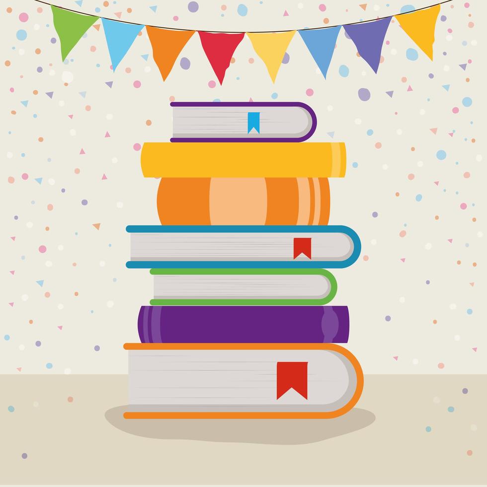 Stacked books and pennant decoration vector