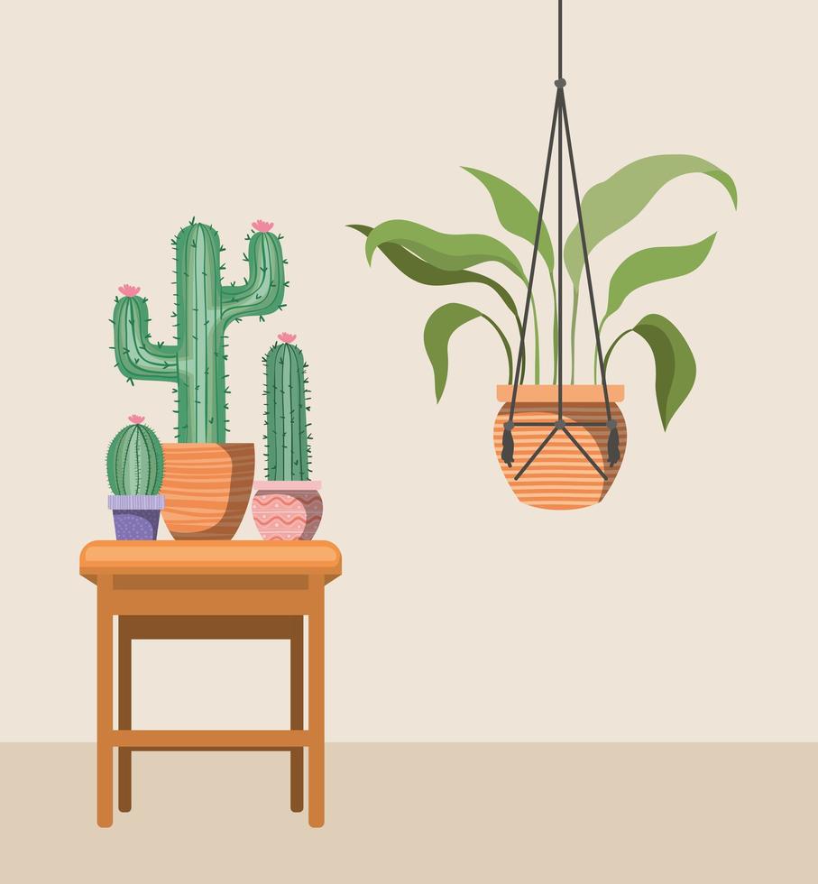 houseplant with macrame hanger and potted plants on a wooden table vector