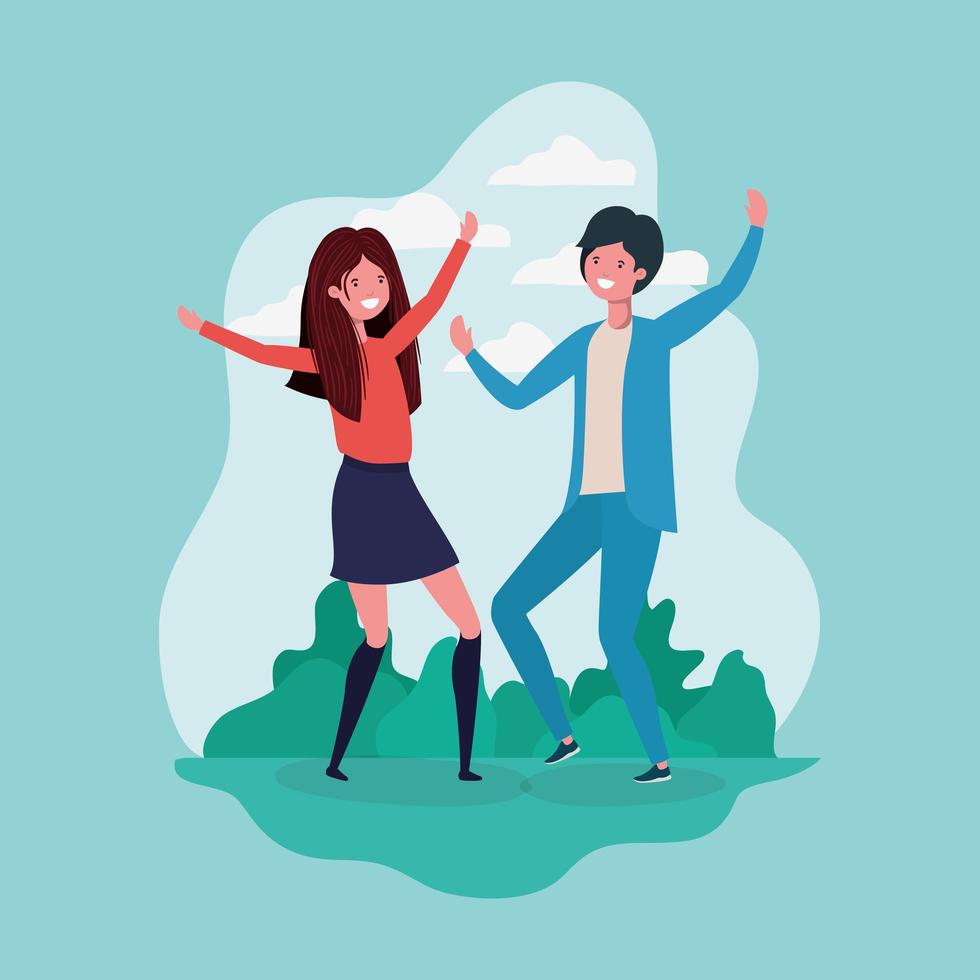 young couple jumping celebrating in the park characters vector