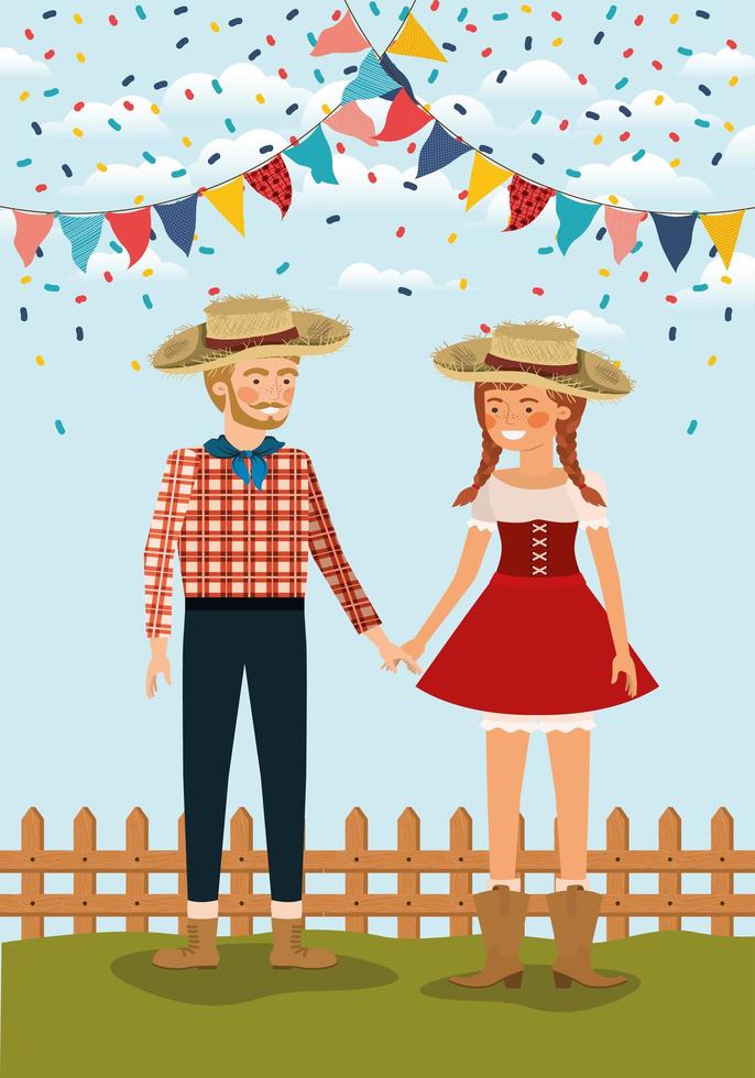 farmers couple celebrating with garlands and fence vector