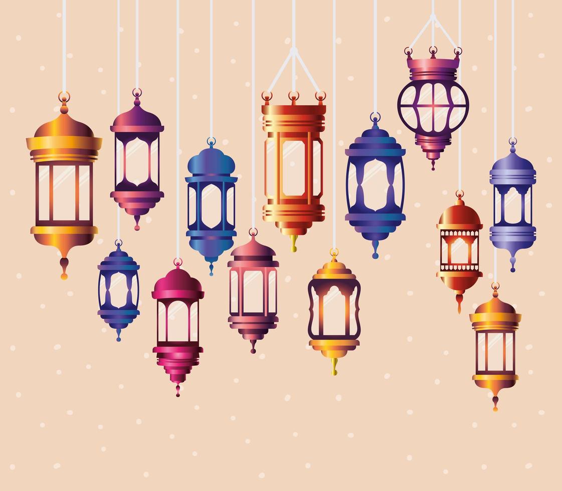 linternas de colores ramadan kareem colgando vector