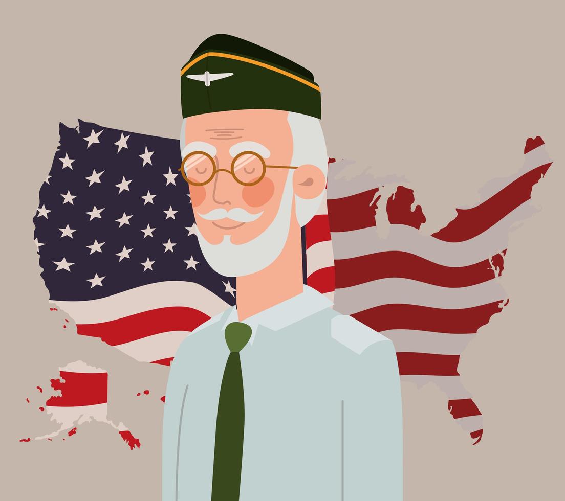 memorial day card with veteran and usa flag in map vector