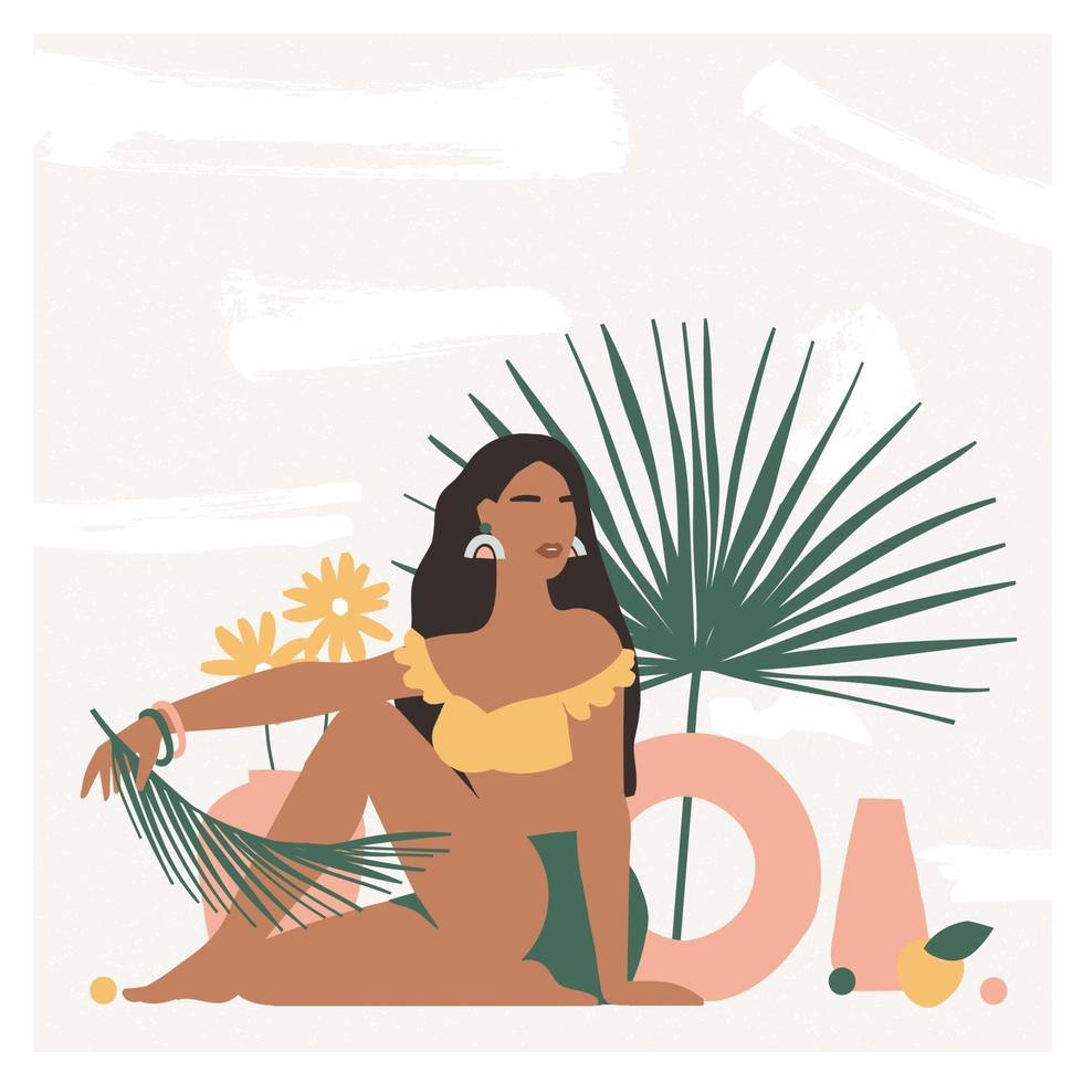 Beautiful bohemian woman sitting on the floor in modern interior with vases and palm leaves. Summer vacation mood, boho chic art print, terracotta. Flat vector illustration in warm pastel colors.