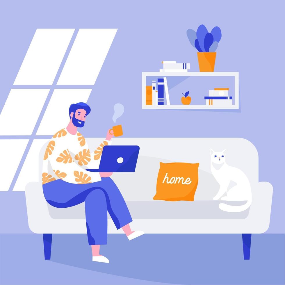 Man sitting on the sofa and working on the laptop. Working from home, remote work. Vector flat illustration.