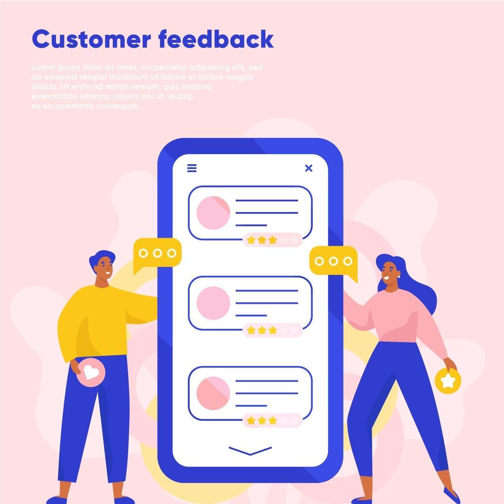 Customer feedback online review. Testimonials, feedback, rating. Man and woman leaving a review using smartphone. Flat vector illustration.