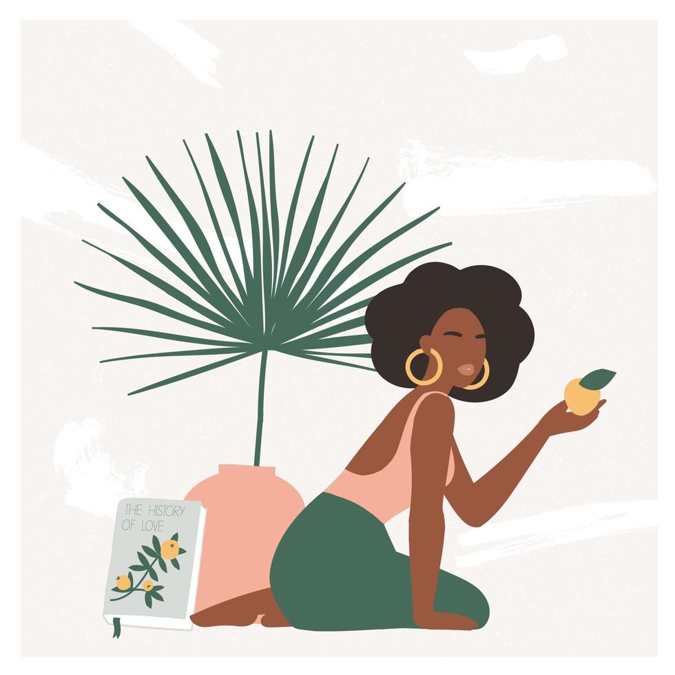 hermosa mujer bohemia sentada en el suelo en un interior moderno con jarrón y hoja de palma. humor de vacaciones de verano, impresión de arte boho chic, terracota. ilustración vectorial plana en cálidos colores pastel. vector