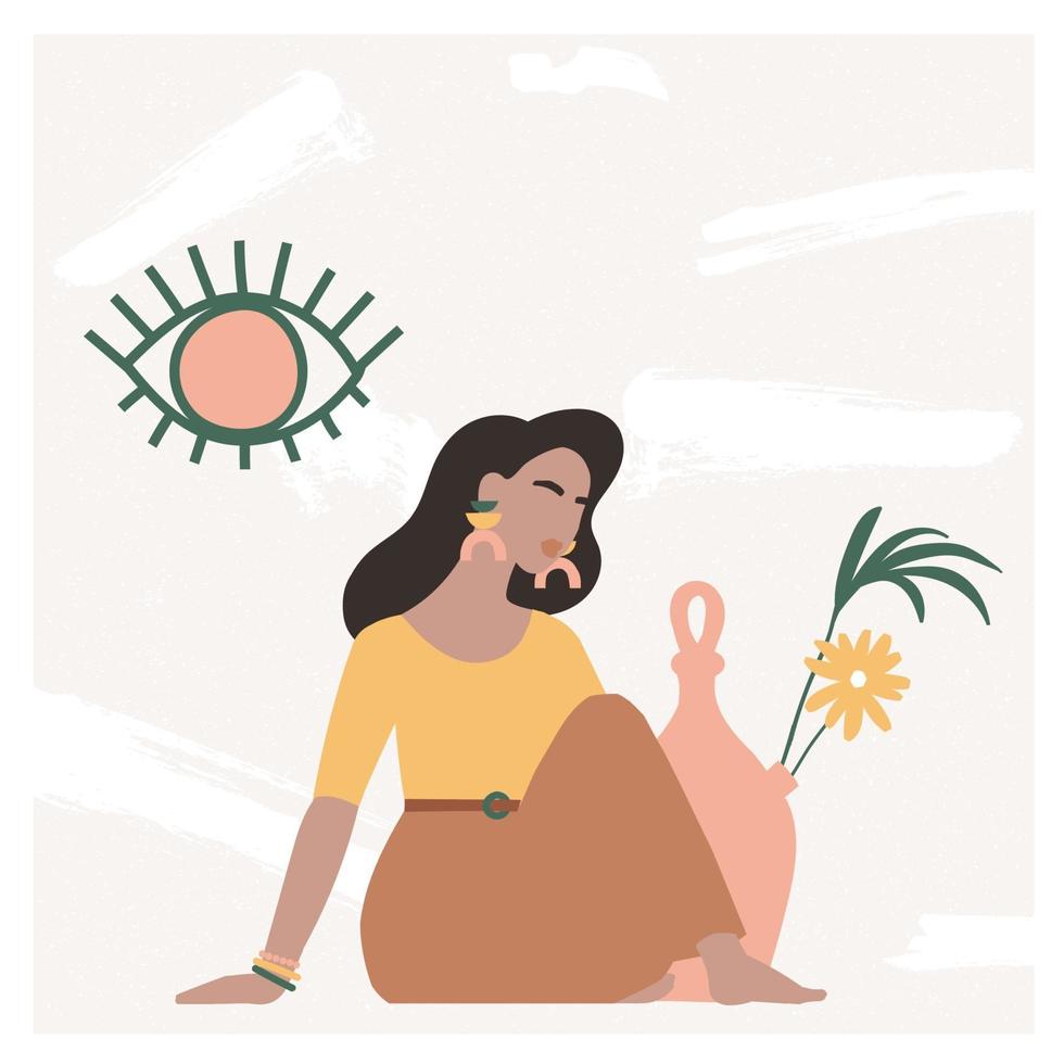 Beautiful bohemian woman sitting on the floor in modern interior and looking at the mirror. Summer vacation mood, boho chic art print, terracotta. Flat vector illustration in warm pastel colors.