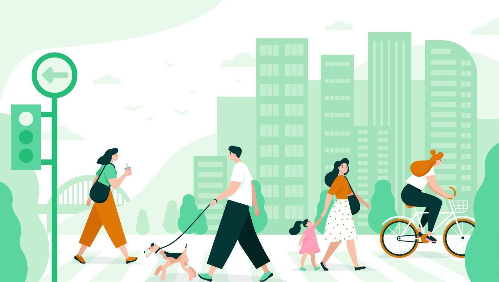 People cross the road in the city. Flat vector illustration.