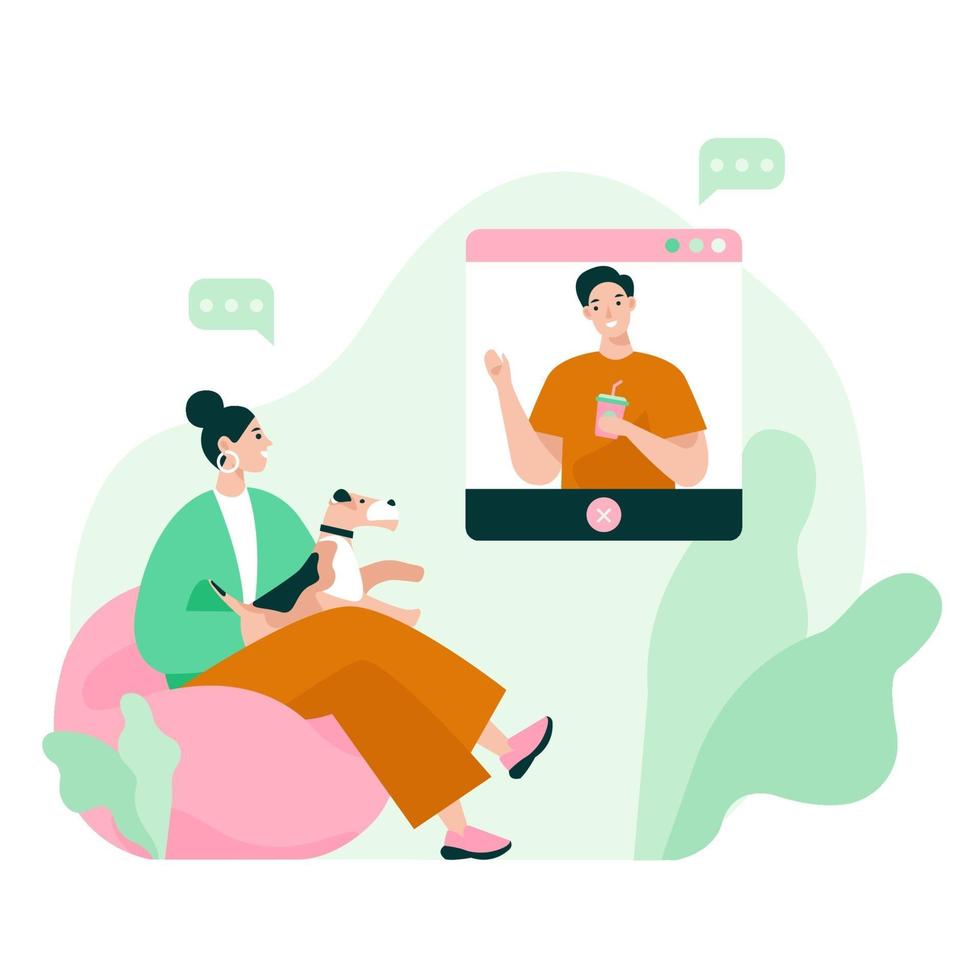 Two friends on video meeting. Video call conference, working from home, social distancing, business discussion. Flat vector illustration.