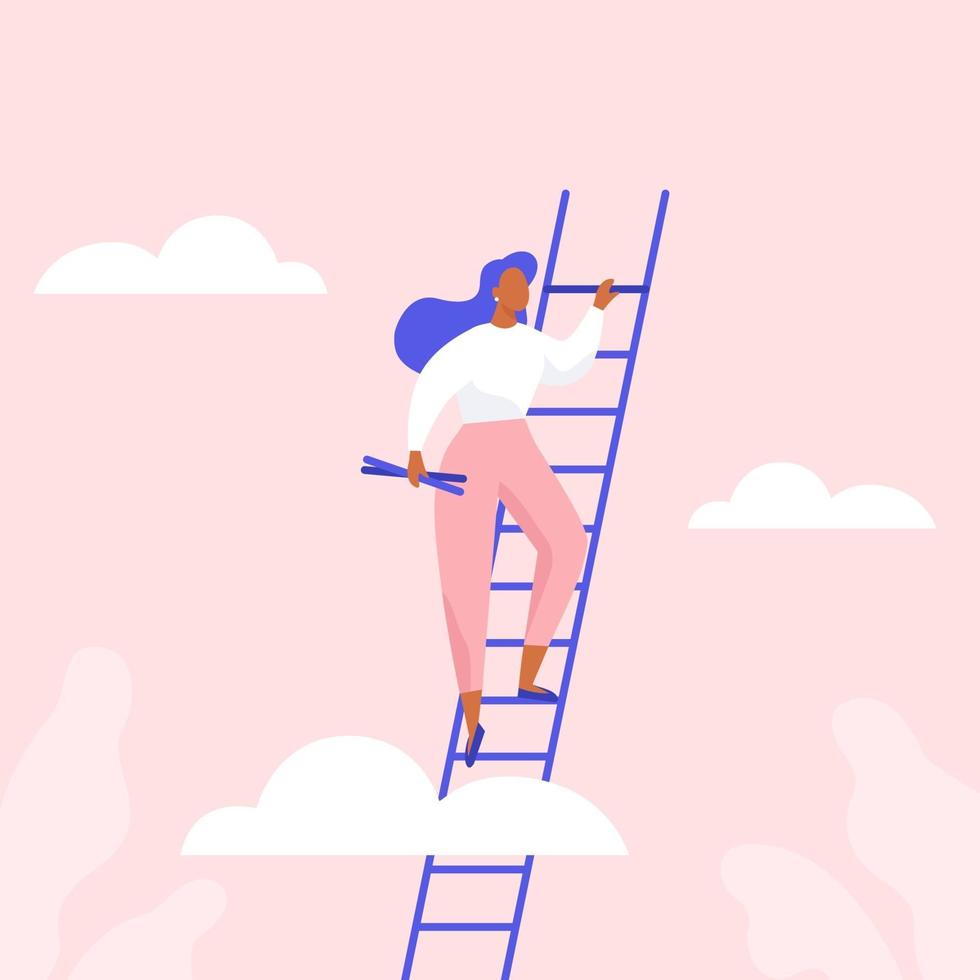 mujer subiendo las escaleras. crecimiento profesional, logro del éxito en los negocios o estudios. vector