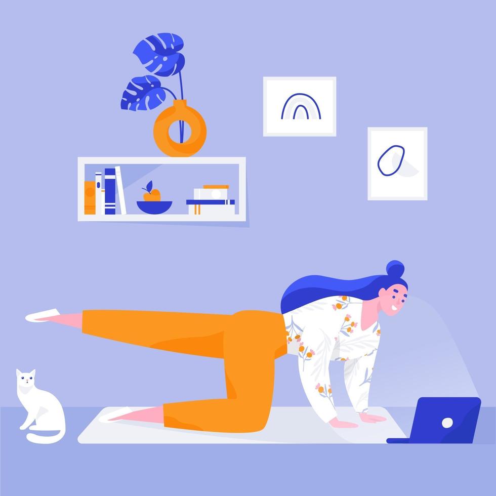 Woman doing yoga at home using laptop. Online yoga classes for beginner. Flat vector illustration.