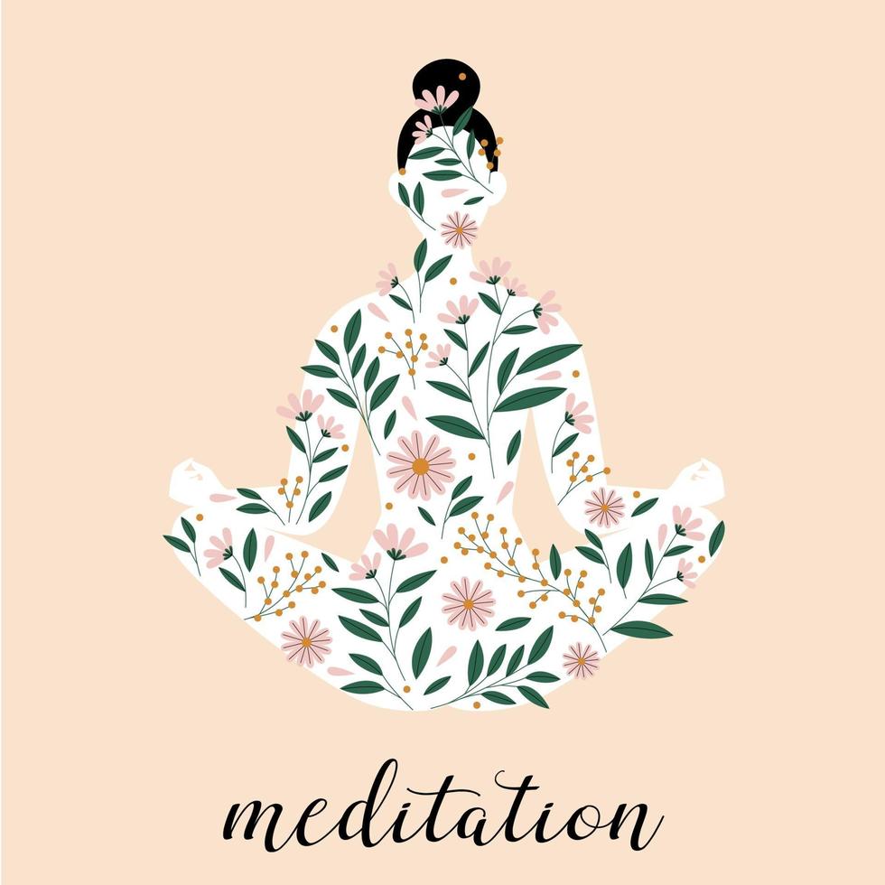 silueta de mujer sentada en pose de meditación. silueta de pose de loto. patrón floral. vector