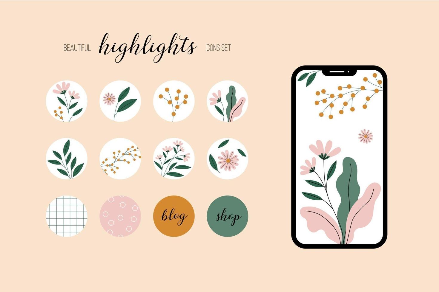 Set of botanical icons for highlights and social media blogs. Flowers and greens in circle frames. Vector illustration.