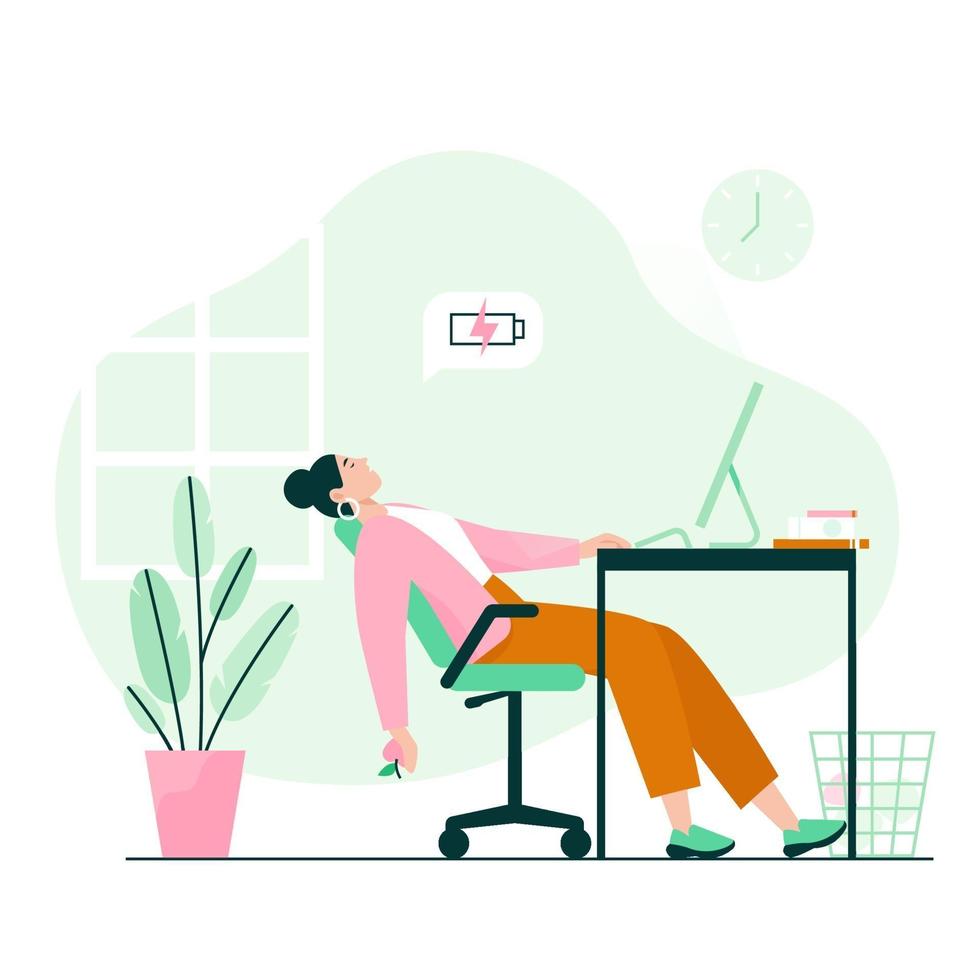 Tired woman sleeping at the desk. Work burnout, low energy at work. Flat vector illustration.