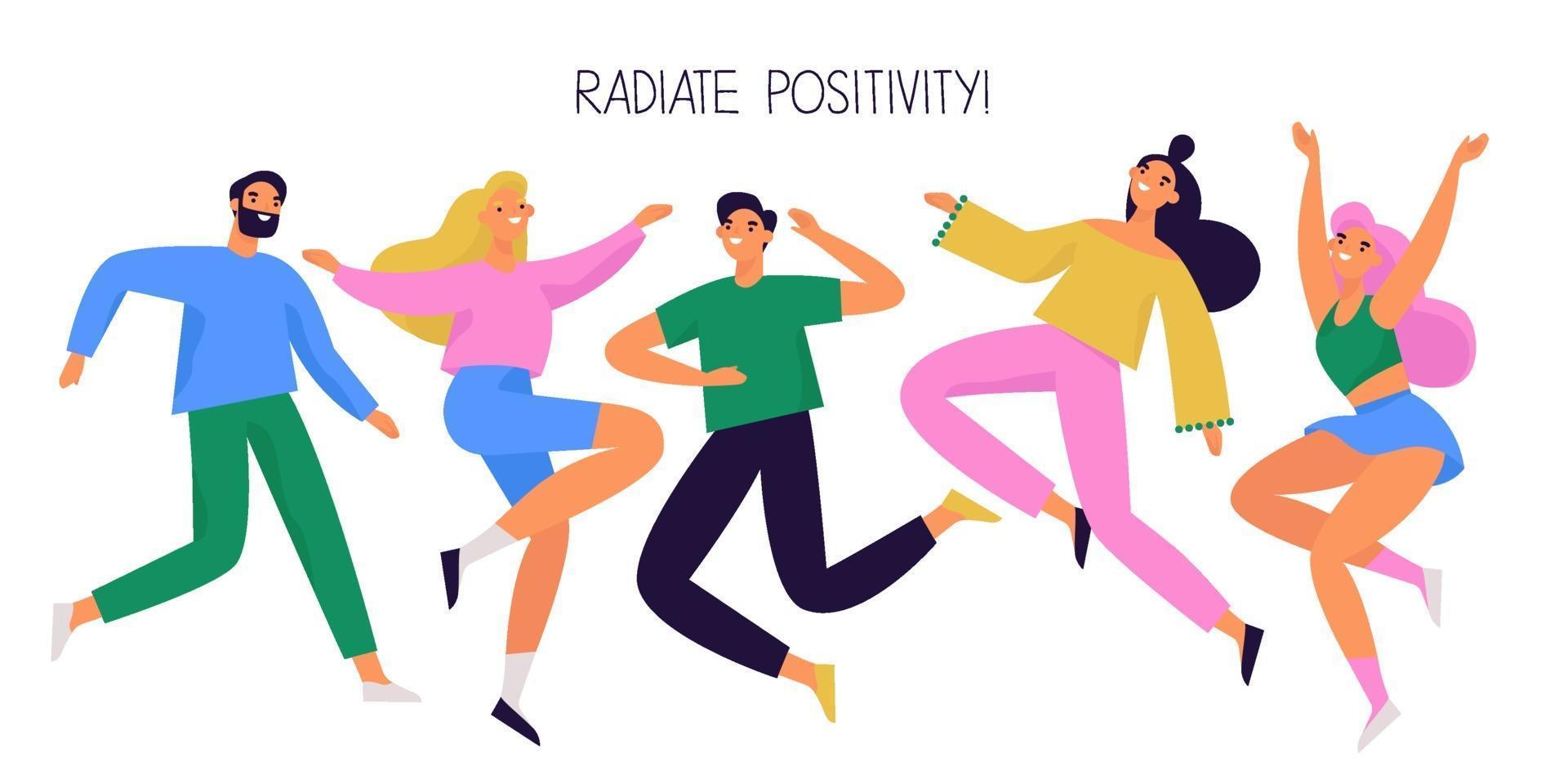 Group of happy people jumping and dancing. Joyful and positive diverse characters. Colorful vector illustration.