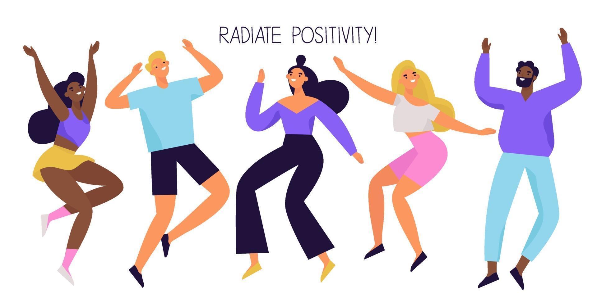 Group of happy people jumping and dancing. Joyful and positive diverse characters. Colorful vector illustration.