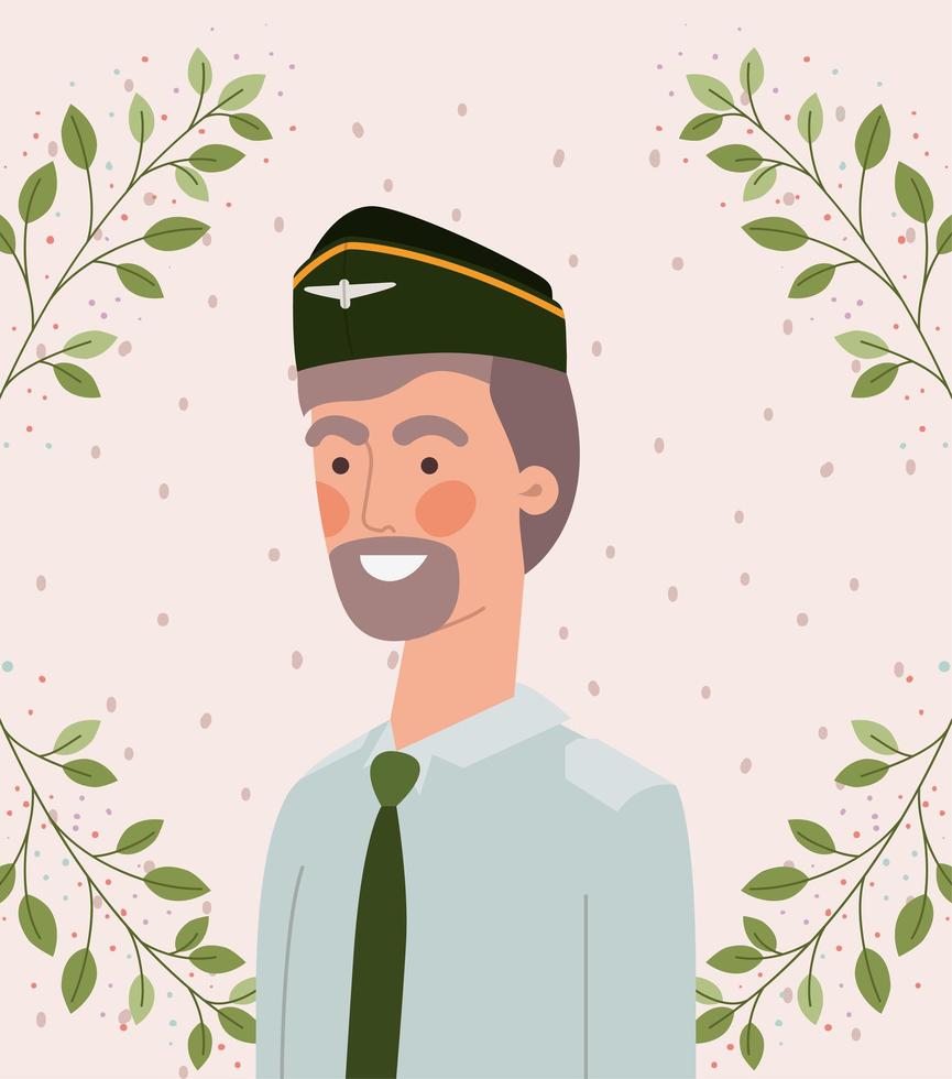 military man with leafs wreath frame vector