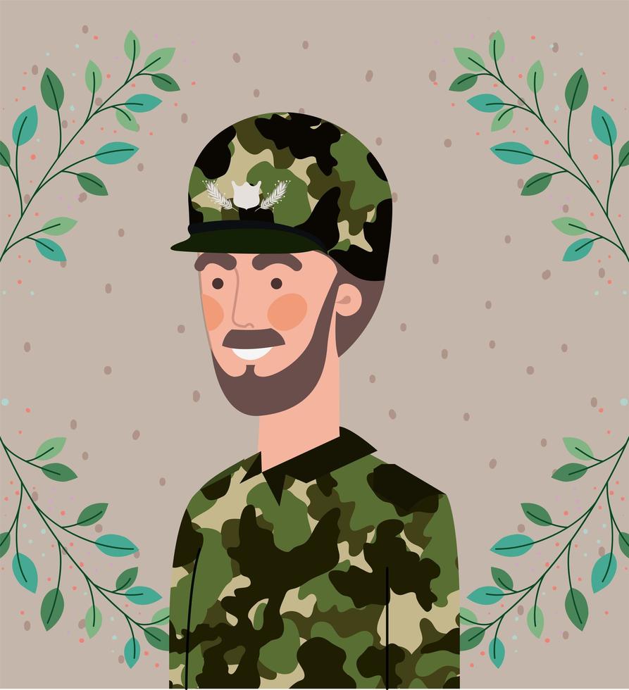 militar con marco de corona de hojas vector