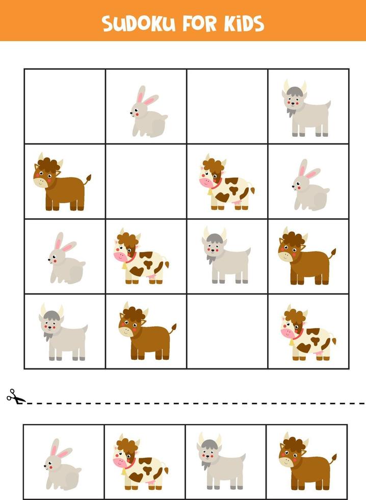 Sudoku game with cartoon farm rabbit, goat, bull and cow. vector