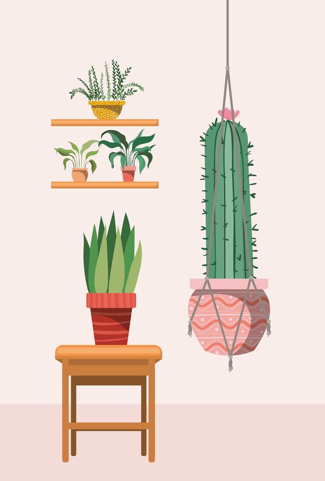 houseplant with macrame hanger and potted plants on a wooden table vector
