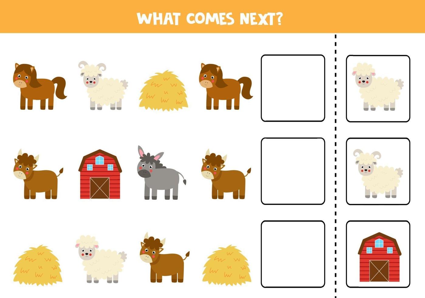 What comes next game with cartoon farm animals. vector