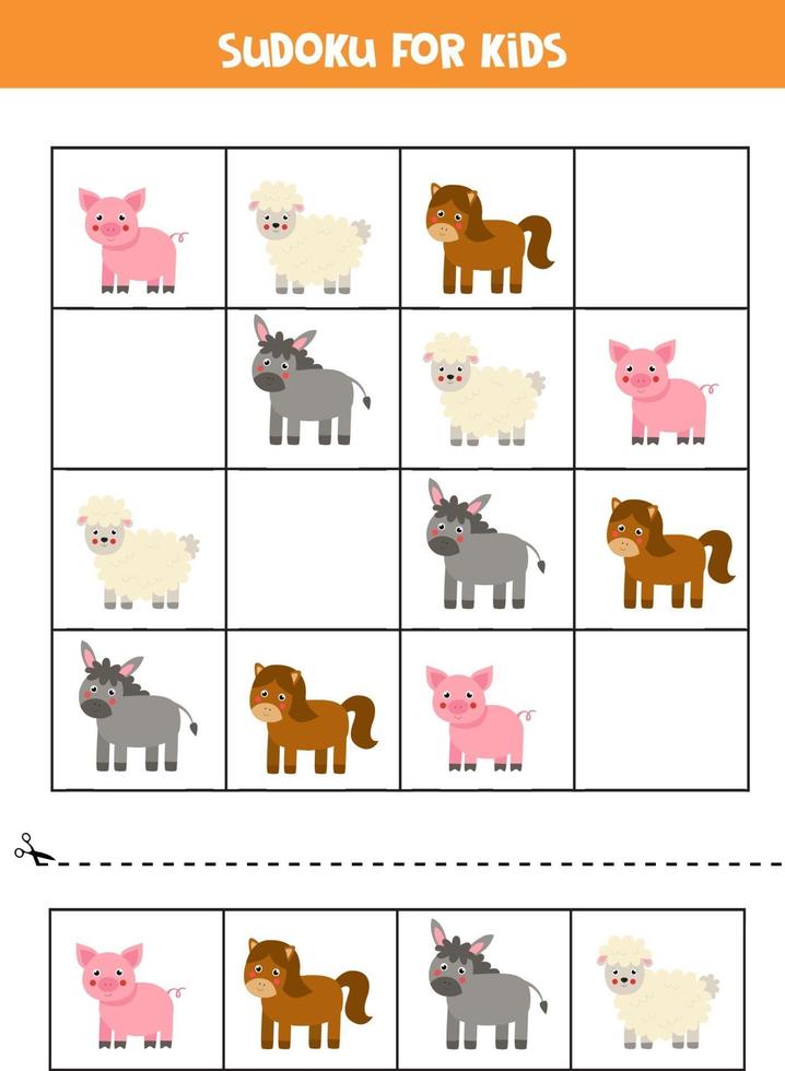 Sudoku game with cartoon pig, horse, donkey and sheep. vector