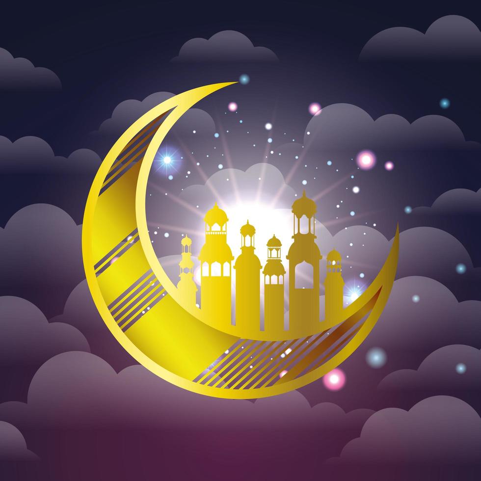 ramadan kareem golden lanterns and moon hanging vector