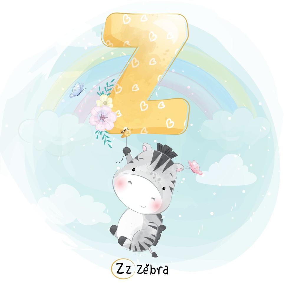 Cute zebra with alphabet Z balloon illustration vector