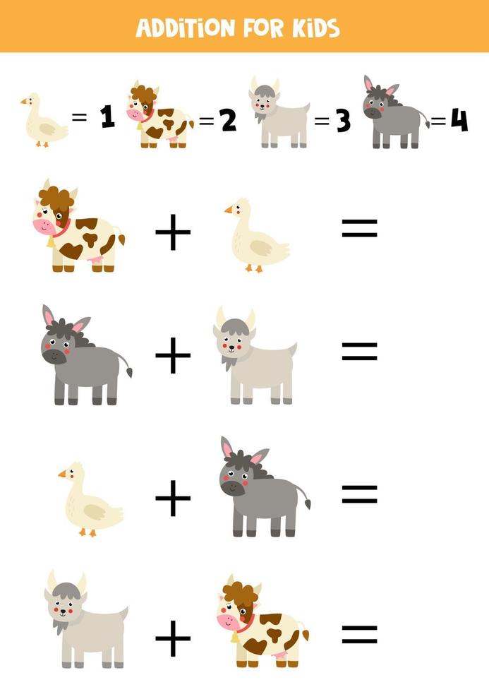 hoja de trabajo adicional con lindos animales de granja. juego de matematicas. vector