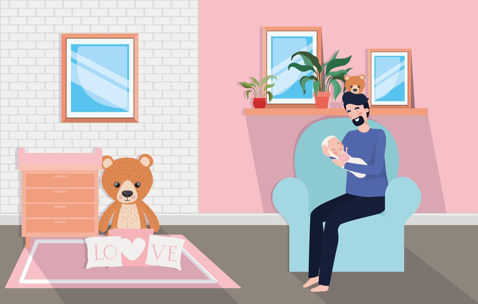 Father with newborn baby at home vector
