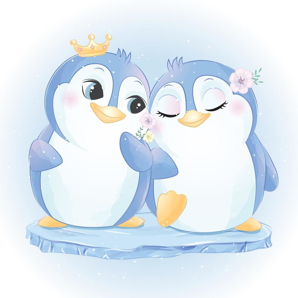 Cute little penguin couple illustration vector