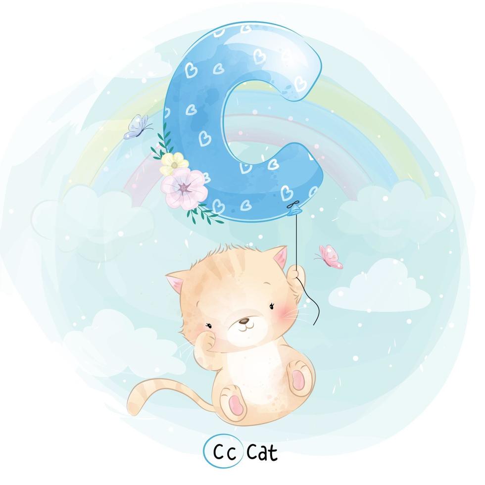 Cute cat with alphabet C balloon illustration vector