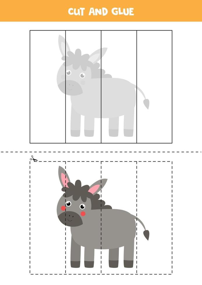 Cut and glue game for kids. Cute farm donkey. vector