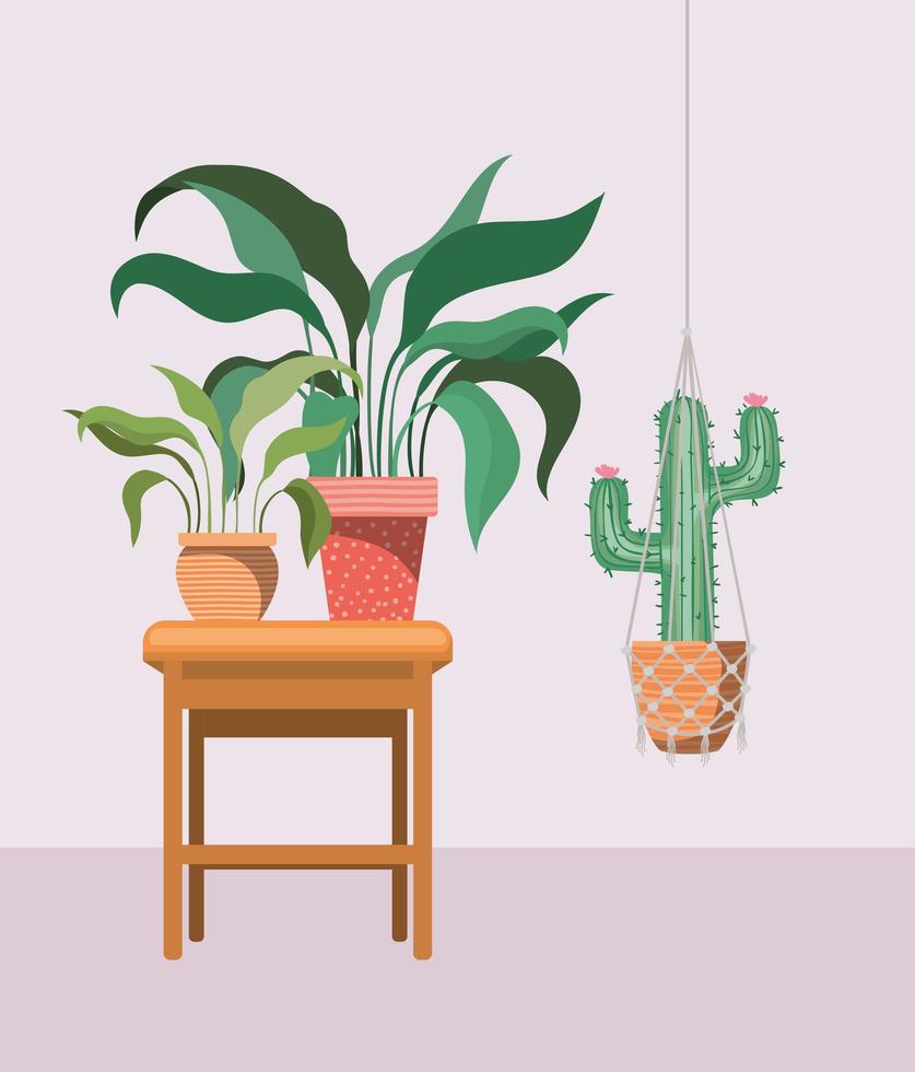 houseplant with macrame hanger and potted plants on a wooden table vector