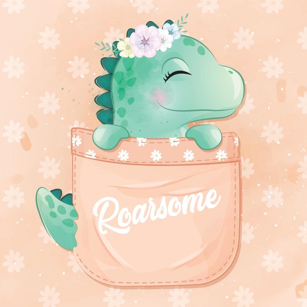 Cute dinosaur sitting inside pocket illustration vector