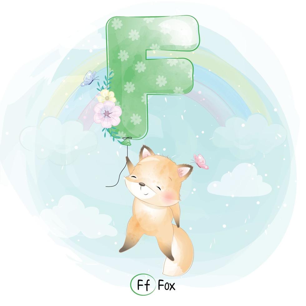 Cute fox with alphabet F balloon illustration vector