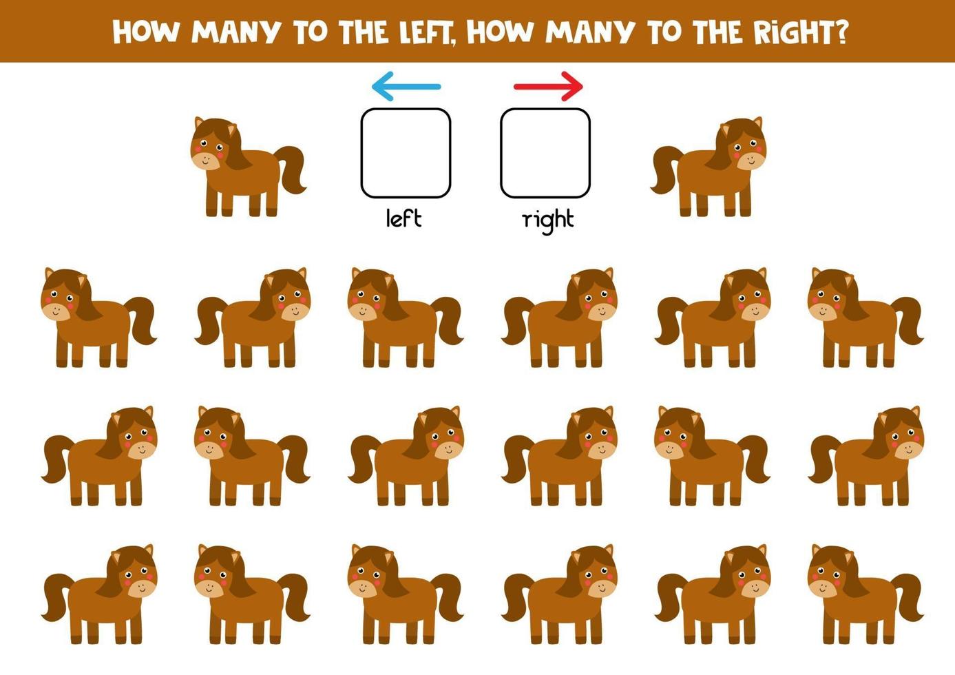 Left or right with cute horse. Logical worksheet for preschoolers. vector