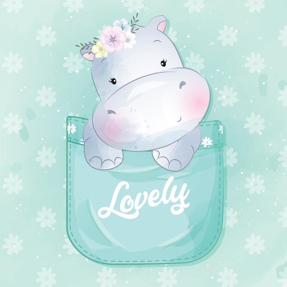 Cute hippo sitting inside the pocket illustration vector
