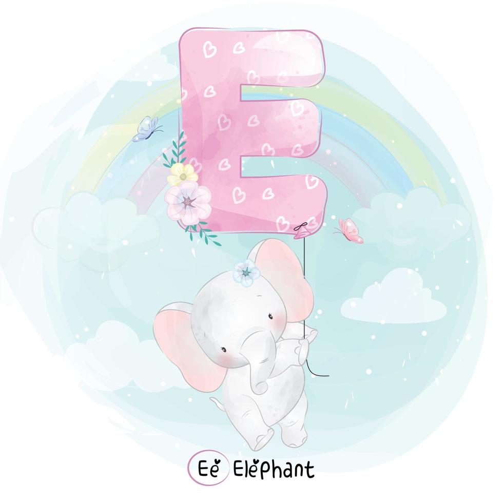 Cute elephant with alphabet E balloon illustration vector